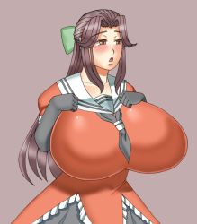 Rule 34 | 10s, 1girl, alternate breast size, bad id, bad twitter id, blush, breasts, brown eyes, brown hair, elbow gloves, eyebrows, gigantic breasts, gloves, hands on own chest, impossible clothes, jintsuu (kancolle), kantai collection, long hair, military, military uniform, open mouth, parted bangs, ribbon, saza of queen, solo, uniform