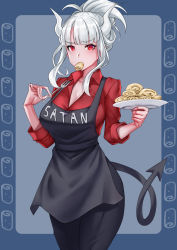 Rule 34 | 1girl, apron, black apron, black pants, blue background, blunt bangs, blush, breasts, character name, cleavage, collarbone, commentary, cowboy shot, demon girl, demon horns, demon tail, eating, food, food in mouth, fork, helltaker, highres, holding, holding fork, holding plate, horns, large breasts, long hair, long sleeves, looking at viewer, lucifer (helltaker), mole, mole under eye, pancake, pants, plate, ponytail, red eyes, red shirt, shirt, simple background, solo, sturmjaeger (daybreaks0), tail, white hair, white horns