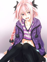 Rule 34 | 1boy, :d, animal hood, astolfo (fate), astolfo (memories at trifas) (fate), black bow, black legwear, bow, braid, commentary, drawstring, fang, fate/apocrypha, fate/grand order, fate (series), hair between eyes, hair ribbon, highres, hood, kurokawa (silve), long hair, looking at viewer, male focus, midriff, navel, official alternate costume, open mouth, pantyhose, pink eyes, pink hair, pom pom (clothes), purple eyes, rabbit hood, ribbon, shirt, single braid, skirt, smile, striped clothes, striped shirt, trap