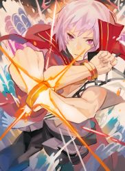 Rule 34 | 1boy, bracelet, cape, commentary request, crossed arms, fate/grand order, fate (series), high collar, jewelry, kibadori rue, looking afar, looking away, male focus, moses (fate), parted lips, pink eyes, pink hair, red cape, solo, sparks, standing
