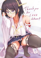 Rule 34 | 1girl, black eyes, black hair, black panties, boots, commentary request, detached sleeves, english text, nib pen (object), glasses, green-framed eyewear, hagane (steel6636), hairband, headgear, highres, japanese clothes, kantai collection, kirishima (kancolle), looking at viewer, milestone celebration, one-hour drawing challenge, panties, parted lips, pen, ribbon-trimmed sleeves, ribbon trim, short hair, simple background, solo, squatting, thigh boots, thighhighs, underwear, white background