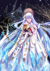 Rule 34 | 1girl, absurdres, anastasia (fate), blue eyes, bracelet, branch, cape, cathedral, doll, dress, fate/grand order, fate (series), fur-trimmed cape, fur trim, highres, ice, jewelry, long dress, long hair, pendant, signature, silver hair, snow, very long hair, yuki mami