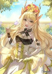 1girl :d absurdres blonde_hair bow butterfly_hair_ornament celine_(fire_emblem) commentary crown dress dress_bow english_commentary fire_emblem fire_emblem_engage flower hair_flower hair_ornament highres holding holding_flower long_hair looking_at_viewer nintendo open_mouth smile solo teeth upper_body upper_teeth_only vaniraaa very_long_hair yellow_dress yellow_eyes