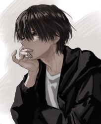 Rule 34 | black hair, black jacket, brown eyes, hand on own face, hand to own mouth, highres, imai akira, jacket, looking to the side, male focus, original, shirt, white background, white shirt