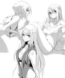 Rule 34 | 3girls, anis (nikke), bare shoulders, bikini, blush, breasts, cleavage, closed mouth, finger to mouth, from side, fune (fune93ojj), glasses, goddess of victory: nikke, greyscale, hanging breasts, highres, large breasts, long hair, medium breasts, monochrome, multiple girls, neon (nikke), one-piece swimsuit, rapi (nikke), short hair, smile, swimsuit