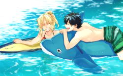 Rule 34 | 1boy, 1girl, bad id, bad twitter id, black hair, blonde hair, fate/apocrypha, fate/grand order, fate (series), fujimaru ritsuka (male), fujimaru ritsuka (male) (brilliant summer), green male swimwear, green swim trunks, grin, halterneck, inflatable dolphin, inflatable toy, lying, male swimwear, mordred (fate), mordred (fate/apocrypha), mordred (swimsuit rider) (first ascension) (fate), ocean, official alternate costume, on stomach, open mouth, partially submerged, ponytail, print male swimwear, print swim trunks, print swimsuit, short hair, smile, surfboard, swim trunks, swimsuit, t3run