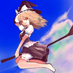 Rule 34 | 1girl, barefoot, blonde hair, braid, broom, broom riding, female focus, grin, hand on headwear, hat, kirisame marisa, long hair, looking at viewer, smile, solo, suisai (suisao), touhou, witch, witch hat