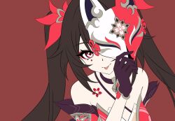 Rule 34 | 1girl, :p, akizawa, arm at side, bare shoulders, bell, black choker, black gloves, bow, brown hair, choker, closed mouth, covering face, dress, eyeliner, flat color, fox mask, gloves, hair bow, holding, holding mask, honkai: star rail, honkai (series), long hair, looking at viewer, makeup, mask, mask on head, neck bell, pink eyes, portrait, red background, red bow, red dress, red eyeliner, simple background, sleeveless, sleeveless dress, smile, solo, sparkle (honkai: star rail), tongue, tongue out, twintails