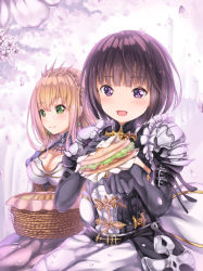 Rule 34 | 2girls, :d, armor, bad id, bad pixiv id, basket, black gloves, black shirt, blush, braid, breasts, character request, cherry blossoms, cleavage, closed mouth, commentary request, day, earrings, elbow gloves, erika (shadowverse), flower, food, gloves, gold trim, green eyes, hair between eyes, highres, holding, holding food, jewelry, light brown hair, long hair, looking away, medium breasts, multiple girls, open mouth, outdoors, pauldrons, petals, picnic basket, puffy short sleeves, puffy sleeves, purple eyes, purple flower, purple hair, sagaradai, sandwich, shadowverse, shirt, short sleeves, shoulder armor, single braid, skirt, smile, white gloves, white skirt