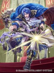 Rule 34 | 1boy, blue hair, boots, cape, company connection, copyright name, detached sleeves, fire emblem, fire emblem: genealogy of the holy war, fire emblem cipher, holding, holding weapon, horse, looking at viewer, male focus, nintendo, open mouth, short hair, sigurd (fire emblem), suzuki rika, sword, weapon