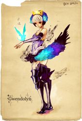 Rule 34 | 1girl, armor, armored dress, blue eyes, boots, brown background, character name, copyright name, crown, dress, greaves, gwendolyn (odin sphere), highres, ku8, multicolored wings, odin sphere, pteruges, short hair, silver hair, solo, strapless, strapless dress, thigh boots, thighhighs, wings, zettai ryouiki