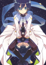Rule 34 | 1boy, aqua eyes, arm support, belt, blue hair, blue nails, blue scarf, boots, headset, invisible chair, kaito (vocaloid), kaito (vocaloid3), knee boots, long coat, long sleeves, looking at viewer, male focus, microphone, nail polish, pants, scarf, see-through, short hair, sitting, solo, space, star (sky), turtleneck, unzipped, vocaloid, yoshiki, zipper