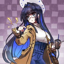 Rule 34 | 1girl, absurdres, bag, belindraw (tumblr), between breasts, black hair, blue eyes, blue hair, breasts, brown coat, coat, cup, denim, disposable cup, glasses, handbag, highres, hololive, hololive english, jeans, large breasts, long hair, ouro kronii, ouro kronii (casual), pants, strap between breasts, virtual youtuber, watch, wristwatch