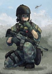 Rule 34 | 1girl, aimpoint, aircraft, assault rifle, body armor, camouflage, camouflage pants, colt commando, digital camouflage, english text, erica (naze1940), gun, helicopter, helmet, highres, load bearing vest, m4 carbine, military, military operator, military uniform, muzzle device, original, pants, rifle, solo, uniform, weapon