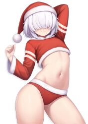 Rule 34 | 1girl, arc 9 (mikoscrub), arm behind head, clenched hand, closed mouth, covered eyes, cowboy shot, crop top, hair over eyes, hand up, hat, highres, long sleeves, mikoscrub, navel, original, panties, red hat, red panties, santa hat, short hair, simple background, smile, solo, stomach, underwear, white background, white hair