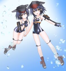 Rule 34 | 10s, 2girls, asymmetrical hair, black hair, boots, breasts, brown eyes, catapult, full body, gloves, hair between eyes, hat, headphones, high heel boots, high heels, i-13 (kancolle), i-14 (kancolle), kantai collection, langley1000, multiple girls, open mouth, partially fingerless gloves, sailor collar, school swimsuit, shirt, short hair, siblings, sisters, small breasts, swimsuit, tsurime