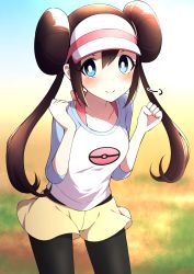 Rule 34 | 1girl, puff of air, arms up, black pantyhose, blue eyes, blue sky, blurry, blush, bright pupils, brown hair, clenched hands, collarbone, commentary request, contrapposto, cowboy shot, creatures (company), day, depth of field, double bun, game freak, hair bun, highres, leaning forward, long hair, looking at viewer, nintendo, outdoors, pantyhose, pantyhose under shorts, pokemon, pokemon bw2, raglan sleeves, rosa (pokemon), shorts, sidelocks, sky, smile, solo, standing, tsukimirin, twintails, very long hair, visor cap, white pupils, yellow shorts