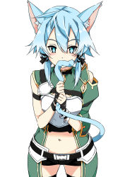 Rule 34 | 1girl, animal ear fluff, animal ears, armor, biting, biting own tail, blue hair, blush, breastplate, cat ears, hair between eyes, highres, navel, shikei, short hair, short shorts, shorts, sidelocks, simple background, single sleeve, sinon, solo, sword art online, tail, tail biting, thighhighs, thighs, white armor, white background