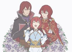 Rule 34 | 1boy, 2girls, armor, blush, brother and sister, cape, closed eyes, fire emblem, fire emblem: mystery of the emblem, flower, gloves, headband, ika tko, long hair, maria (fire emblem), minerva (fire emblem), misheil (fire emblem), multiple girls, nintendo, open mouth, red armor, red eyes, red hair, short hair, siblings, simple background, sisters, smile