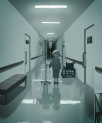 Rule 34 | 1boy, 1other, absurdres, angel, avogado6, bench, black eyes, commentary request, different reflection, grey hair, hallway, halo, highres, hospital, hospital gown, intravenous drip, long sleeves, looking at viewer, no mouth, original, reflection, slippers, standing, wheelchair, wide-eyed, wings