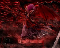 Rule 34 | 1girl, alternate costume, blood, chama (painter), chama painter, demon, female focus, glowing, glowing eyes, horns, injury, middle finger, polearm, purple hair, remilia scarlet, scythe, solo, spear, spear the gungnir, sword, torn clothes, touhou, weapon, wings