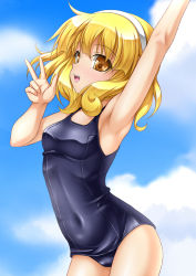 Rule 34 | 10s, 1girl, armpits, blonde hair, cloud, day, hairband, hip focus, kise yayoi, one-piece swimsuit, open mouth, precure, roura, school swimsuit, short hair, skindentation, sky, smile, smile precure!, solo, swimsuit, v, white hairband, yellow eyes