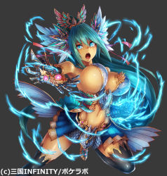 Rule 34 | 1girl, aqua hair, armpits, bare shoulders, black gloves, black thighhighs, blue eyes, blue skirt, bouncing breasts, breasts, clenched hand, company name, copyright name, dark-skinned female, dark skin, elbow gloves, eyeliner, eyes visible through hair, floating hair, gauntlets, gem, gloves, glowing, grey background, hair between eyes, hair ornament, hair ribbon, hand up, headdress, high ponytail, large breasts, leg up, light trail, lipstick, long hair, looking at viewer, makeup, midriff, navel, official art, open mouth, orange lips, outstretched hand, pink ribbon, pleated skirt, ponytail, powering up, revealing clothes, ribbon, saltydanshark, sangoku infinity, sash, serious, shiny skin, showgirl skirt, sidelocks, simple background, skirt, solo, standing, standing on one leg, thighhighs, tsurime, v-shaped eyebrows, very long hair
