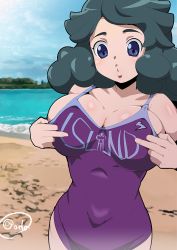 Rule 34 | 1girl, beach, blue eyes, blush, breasts squeezed together, breasts, cleavage, cloud, covered navel, cowboy shot, day, female focus, green hair, hands up, hip focus, inazuma eleven (series), inazuma eleven ares no tenbin, large breasts, light blush, looking at viewer, medium hair, middle finger, ocean, oda koziki, one-piece swimsuit, outdoors, parted lips, purple one-piece swimsuit, sand, signature, sky, solo, standing, swimsuit, umihara norika, water