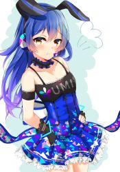 Rule 34 | 1girl, animal ears, bad id, bad twitter id, bare shoulders, black gloves, blue hair, blush, character name, choker, commentary request, cowboy shot, dorisu2, fingerless gloves, frills, gloves, hair between eyes, hands on own hips, headset, highres, long hair, looking at viewer, love live!, love live! school idol festival, love live! school idol project, microphone, pout, rabbit ears, simple background, smile, solo, sonoda umi, yellow eyes