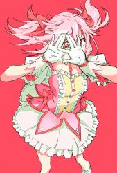 Rule 34 | 1girl, absurdres, bloom into me15, bubble skirt, covering own mouth, dress, frilled dress, frills, gloves, hair between eyes, hair ribbon, highres, kaname madoka, looking at viewer, magical girl, mahou shoujo madoka magica, mahou shoujo madoka magica (anime), pink background, pink dress, pink eyes, pink hair, pink ribbon, pink theme, puffy short sleeves, puffy sleeves, red background, ribbon, short sleeves, short twintails, simple background, skirt, solo, twintails, white gloves, white skirt