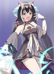 Rule 34 | 1girl, :d, absurdres, animal ear fluff, animal ears, black hair, black hairband, black sleeves, book, breasts, cat ears, cowboy shot, detached sleeves, dress, fang, fingerless gloves, gloves, green eyes, hairband, hand up, highres, hsk pad, karyl (overload) (princess connect!), karyl (princess connect!), long hair, multicolored hair, open book, open mouth, princess connect!, purple background, sleeveless, sleeveless dress, small breasts, smile, solo, streaked hair, v-shaped eyebrows, very long hair, white gloves, white hair
