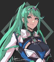 Rule 34 | 1girl, breasts, cleavage, cleavage cutout, clothing cutout, cm lynarc, dark background, earrings, female focus, green eyes, green hair, hair ornament, highres, jewelry, large breasts, long hair, looking at viewer, matching hair/eyes, nintendo, pneuma (xenoblade), ponytail, signature, smirk, solo, swept bangs, upper body, xenoblade chronicles (series), xenoblade chronicles 2