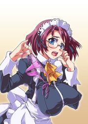 Rule 34 | 1girl, blue eyes, blush, breasts, glasses, huge breasts, ichimai ugou, impossible clothes, impossible shirt, maid, open mouth, original, panties, red hair, shirt, solo, thong, underwear