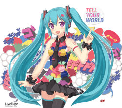 Rule 34 | 1girl, aqua hair, bare shoulders, character name, hatsune miku, headphones, long hair, necktie, npcpepper, open mouth, purple eyes, skirt, solo, tell your world (vocaloid), thighhighs, twintails, very long hair, vocaloid