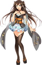 Rule 34 | 1girl, :d, blue eyes, brown hair, full body, hand on own chest, long hair, midriff, murakami yuichi, navel, official art, open mouth, osaka (oshiro project), oshiro project:re, oshiro project:re, sleeveless, smile, solo, thighhighs, transparent background, twintails