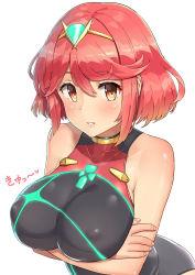 Rule 34 | 1girl, absurdres, bad id, bad pixiv id, bare shoulders, breast hold, breasts, competition swimsuit, covered erect nipples, hair ornament, highres, large breasts, looking at viewer, nintendo, one-piece swimsuit, osananajimi neko, parted lips, pyra (pro swimmer) (xenoblade), pyra (xenoblade), red eyes, red hair, short hair, simple background, solo, swept bangs, swimsuit, text focus, translation request, upper body, white background, xenoblade chronicles (series), xenoblade chronicles 2