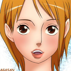 Rule 34 | 1girl, agasan, brown eyes, female focus, lips, looking at viewer, nami (one piece), one piece, one piece: strong world, open mouth, orange hair, smile, solo
