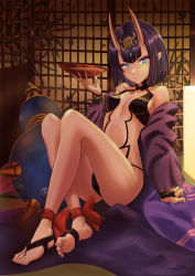 Rule 34 | 1girl, absurdres, alcohol, alternate eye color, ankle ribbon, bare shoulders, barefoot sandals (jewelry), bob cut, breasts, collarbone, cup, eyeliner, fate/grand order, fate (series), feet, gourd, headpiece, highres, horns, japanese clothes, kimono, knee up, leg ribbon, legendpoon, legs, long sleeves, looking at viewer, makeup, oni, pointy ears, purple eyes, purple hair, purple kimono, revealing clothes, ribbon, sakazuki, sake, short hair, shouji, shuten douji (fate), sitting, skin-covered horns, sliding doors, small breasts, smile, wide sleeves