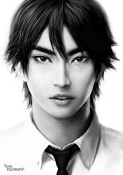 Rule 34 | 1boy, collared shirt, commentary, greyscale, hair between eyes, initial d, looking at viewer, male focus, monochrome, necktie, neckwear request, parted lips, portrait, realistic, shirt, short hair, signature, simple background, solo, takahashi ryousuke, teeth, white background, yuma ricarnaya