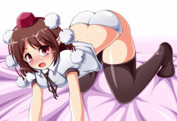 Rule 34 | 1girl, all fours, ass, bad id, bad pixiv id, black thighhighs, blush, brown hair, female focus, hat, impossible clothes, impossible underwear, looking at viewer, md5 mismatch, nakaya, no pants, open mouth, panties, red eyes, shameimaru aya, short hair, shorts, solo, thighhighs, tokin hat, touhou, underwear