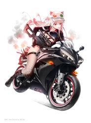 Rule 34 | 1girl, animal hat, black footwear, boots, buttons, cat hat, chewing gum, cross-laced footwear, dsmile, fishnet thighhighs, fishnets, full body, girls&#039; frontline, gloves, hat, highres, holding, holding weapon, knee boots, lace-up boots, long hair, long sleeves, motor vehicle, motorcycle, page number, pink hair, purple eyes, scope, shiny skin, simple background, solo, thighhighs, thighs, ukm-2000 (breakneck whirlwind) (girls&#039; frontline), ukm-2000 (girls&#039; frontline), weapon, white background
