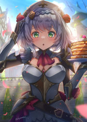 Rule 34 | 1girl, 3d background, armor, ascot, backlighting, belt, blunt bangs, blurry, braid, breastplate, breasts, cleavage, commentary request, depth of field, detached collar, falling petals, flower, food, gauntlets, genshin impact, green eyes, grey hair, hair flower, hair ornament, highres, holding, holding plate, long sleeves, looking at viewer, maid, maid headdress, medium breasts, nanamo yado, noelle (genshin impact), pancake, pancake stack, parted lips, petals, plate, playing with own hair, red flower, red rose, rose, short hair, sidelocks, single braid, solo