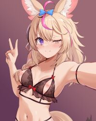 Rule 34 | 1girl, ahoge, alternate costume, animal ear fluff, animal ears, black bra, black hair, blonde hair, blue bow, blue nails, blush, bow, bra, braid, breasts, closed mouth, commentary, english commentary, facial mark, fox ears, fox girl, fox tail, gradient background, hair between eyes, hair bow, hair over shoulder, hand up, heart, heart-shaped pupils, highres, hololive, long hair, looking at viewer, multicolored hair, multicolored nails, nail polish, navel, nipples, omaru polka, one eye closed, outstretched arm, pink background, pink hair, purple eyes, reaching, reaching towards viewer, red nails, selfie, side braid, simple background, single braid, small breasts, smile, solo, streaked hair, symbol-shaped pupils, tail, telomere, underwear, upper body, v, variant set, virtual youtuber