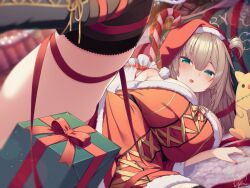 Rule 34 | 1girl, akai haato, akai haato (gothic lolita), aqua eyes, black thighhighs, blonde hair, blurry, blurry background, blush, breasts, candy, candy cane, christmas present, commentary request, dress, food, gift, hat, highres, hololive, large breasts, long hair, looking at viewer, lying, magowasabi, nail polish, on side, red dress, red ribbon, ribbon, santa costume, santa hat, signature, smile, solo, stuffed animal, stuffed toy, thighhighs, thighs, virtual youtuber