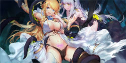 Rule 34 | 2girls, absurdres, arm up, armpits, azur lane, black panties, blonde hair, blue eyes, breasts, cleavage, cowboy shot, highres, large breasts, long hair, midriff, multiple girls, navel, open mouth, panties, pubic tattoo, restrained, sidelocks, silver hair, small breasts, swd3e2, swept bangs, tattoo, tentacles, underwear, victorious (azur lane), yellow eyes