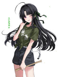 Rule 34 | 1girl, absurdres, ahoge, awa subaru, belt, black hair, black nails, black ribbon, black shorts, blush, c0m3 as y0u ar3, character name, clothes writing, commentary, cowboy shot, drumsticks, floating hair, girls band cry, green shirt, hair ribbon, hair spread out, hashtag-only commentary, highres, holding, holding drumsticks, long hair, looking at viewer, nail polish, one eye closed, parted bangs, pinky out, purple eyes, ribbon, shirt, short sleeves, shorts, simple background, solo, tied shirt, translation request, white background, white belt