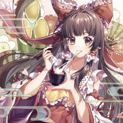 Rule 34 | 1girl, bow, bowl, brown eyes, brown hair, chopsticks, eating, food, frills, hair bow, hair tubes, hakurei reimu, hands up, highres, holding, holding chopsticks, kingear05222822, long hair, looking at viewer, mochi, mochi trail, red bow, solo, touhou, wide sleeves