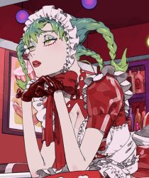 Rule 34 | 1girl, aburage (motimotigg20), alcohol, bottle, bow, breasts, cleavage, cropped, eyeshadow, framed, frills, gloves, green eyes, green eyeshadow, green hair, half-closed eyes, heart, highres, maid headdress, makeup, making-of available, medium hair, original, parted lips, picture frame, puffy sleeves, red bow, red gloves, red lips, sitting, slit pupils, solo