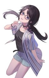 Rule 34 | 1girl, :d, akimikan (2.5deciliter), black-framed eyewear, black hair, black shirt, blue shorts, blush, breasts, collarbone, hand up, highres, idolmaster, idolmaster shiny colors, jacket, long hair, low twintails, mitsumine yuika, open clothes, open jacket, open mouth, purple eyes, round eyewear, shirt, short shorts, shorts, simple background, small breasts, smile, solo, standing, standing on one leg, striped clothes, striped jacket, teeth, twintails, upper teeth only, vertical-striped clothes, vertical-striped jacket, white background