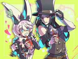 Rule 34 | 1girl, 1other, ascot, asymmetrical gloves, asymmetrical sleeves, black hair, blue eyes, bracelet, bubble tea, clover, collar, cup, currymaster, disposable cup, dress, drink, drinking straw, elphelt valentine, fingerless gloves, four-leaf clover, gloves, guilty gear, guilty gear strive, guilty gear xrd, hairband, hat, hat ornament, highres, holding, holding cup, jewelry, long hair, short hair, skull hat ornament, spiked bracelet, spiked collar, spiked hairband, spikes, testament (guilty gear), top hat, white ascot